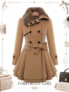 Women Faux Fur Collar Double Breasted Belted Flare Trench Coat